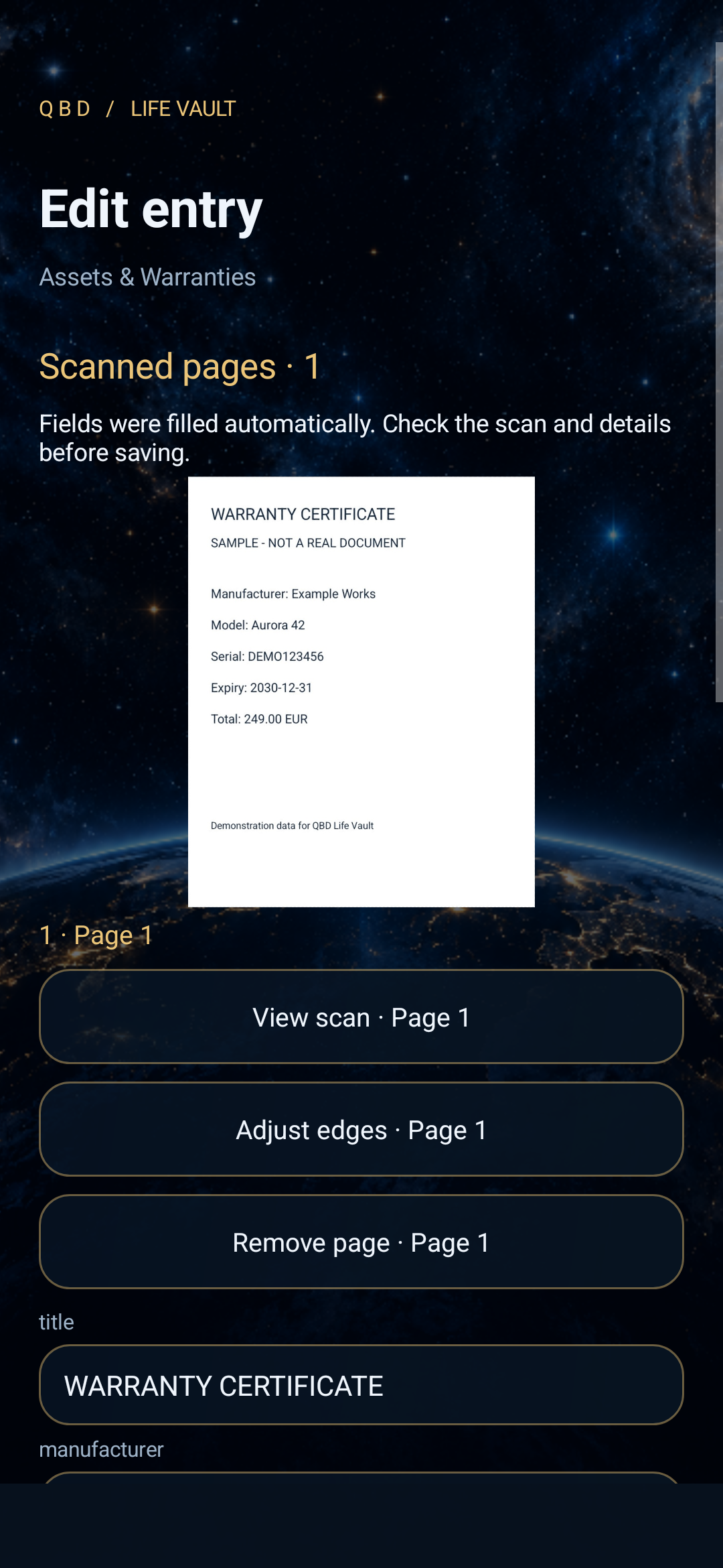 Processed warranty scan attached inside a Life Vault entry