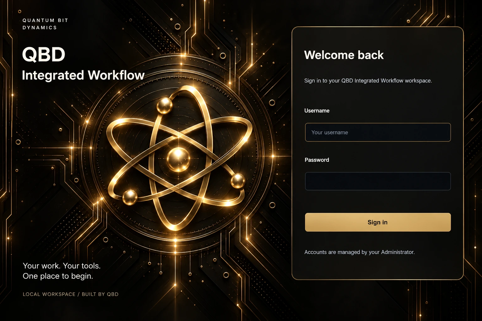 QBD Integrated Workflow login design with sculpted gold atom rings and three orbiting electrons